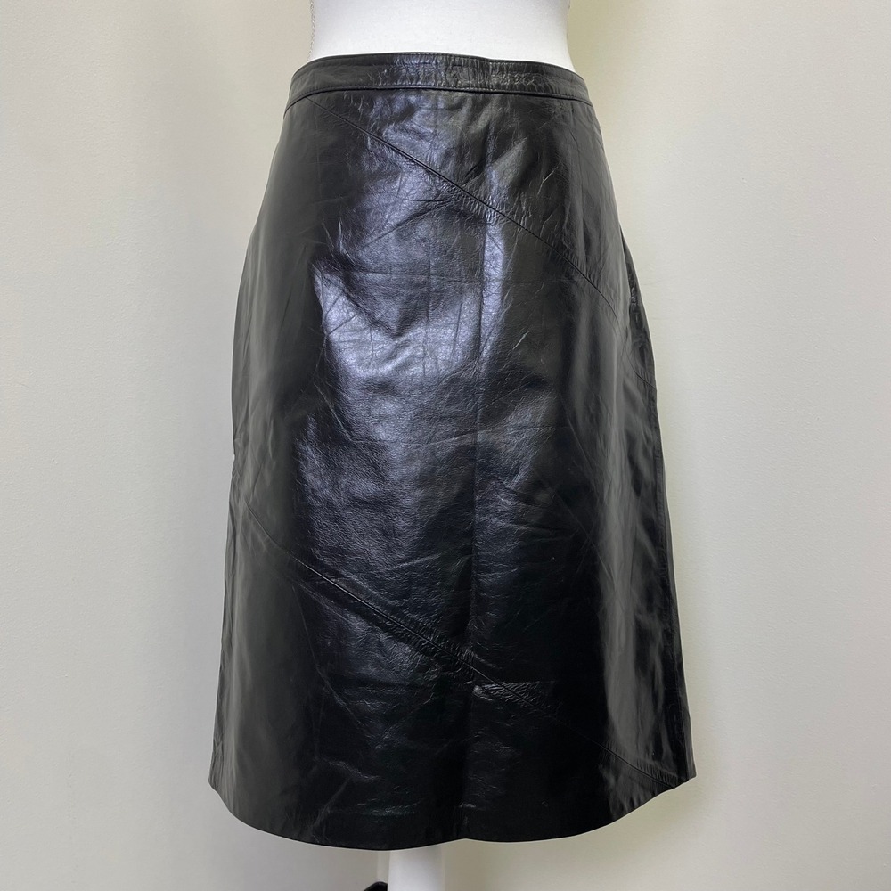 Sterne International Italy Black Leather Paneled Midi Skirt Side Zip 100% Pelle